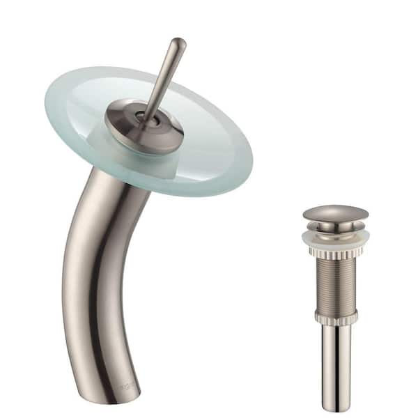KRAUS Single Handle Waterfall Bathroom Vessel Sink Faucet in Satin Nickel with Glass Disk