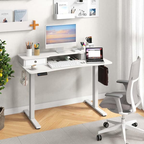 Costway 48 in. White Wood 2-Drawer Electric Standing Desk with Monitor Stand Storage Shelf