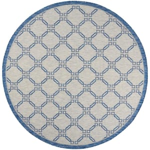 Garden Party Ivory Blue 8 ft. x 8 ft. Round Trellis Transitional Indoor/Outdoor Patio Area Rug
