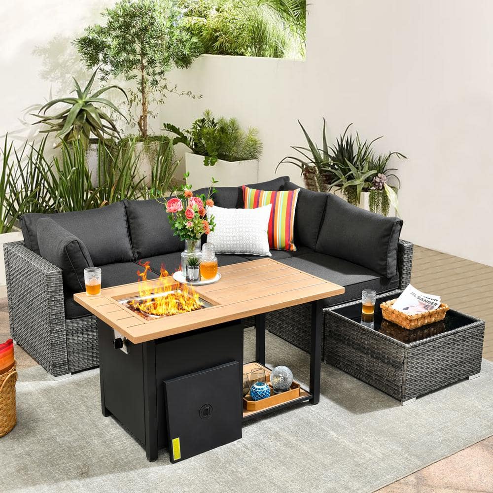 XIZZI Riley 6-Piece Wicker Patio Rectangular Fire Pit Set with Dark ...