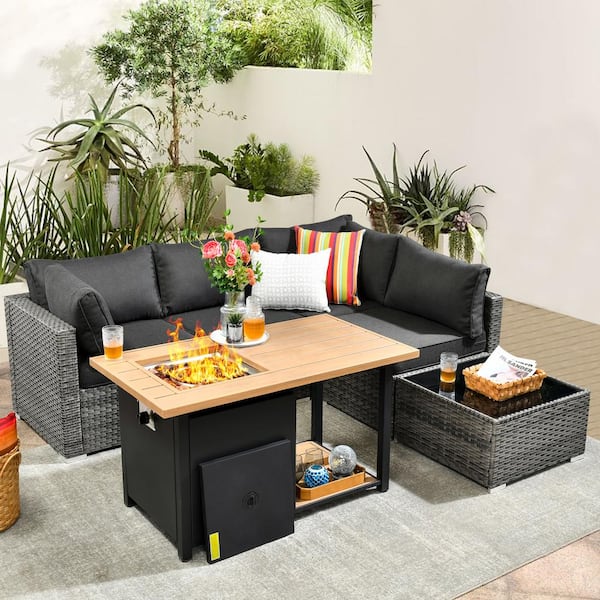 XIZZI Riley 6-Piece Wicker Patio Rectangular Fire Pit Set with Dark Cushions