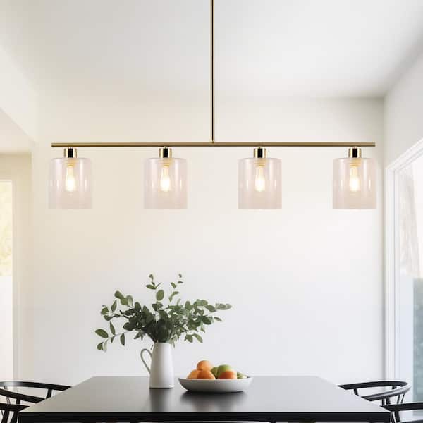 4-Light Gold Modern Island Pendant Light Fixtures, Linear Chandelier Hanging Light with Clear Glass Shade