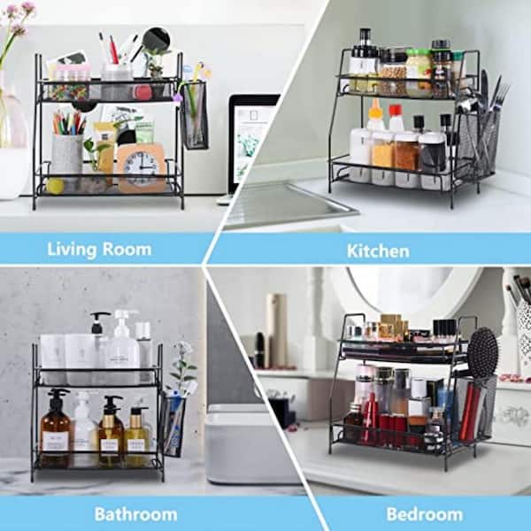Dyiom 2-Tier Bathroom Countertop Makeup Storage Kitchen Spice Rack Standing Shelf, White,12.2 in,tainless Steel, White