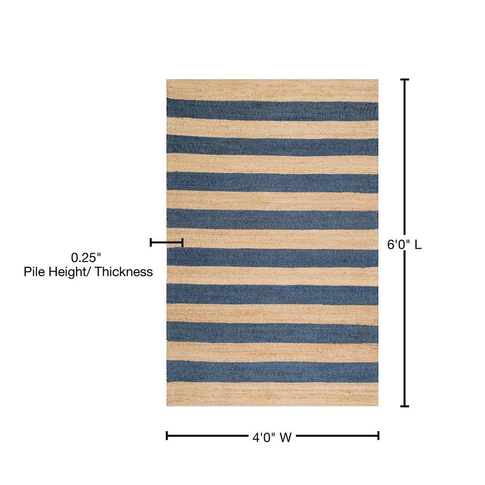 Denim and Tan Striped 4' x 6' Jute and Cotton Flatweave Rug