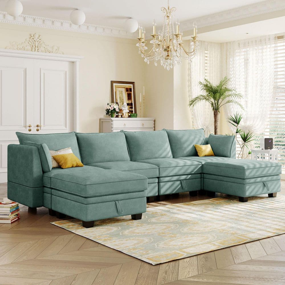115 in. Convertible Linen U-Shape Modular Sectional Sofa in Green with Reve