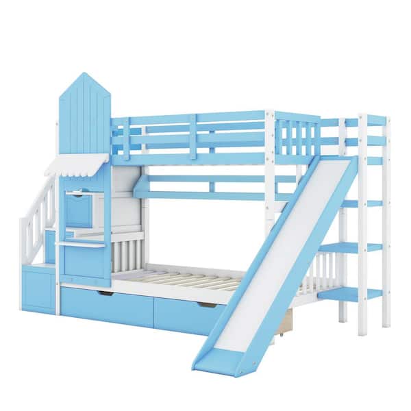 Polibi Blue Twin-Over-Twin Castle Style Bunk Bed with 2-Drawers 3-Shelves and Slide