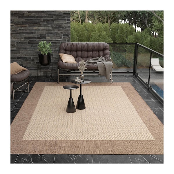 Recife Checkered Field Tan-Brown 9 ft. x 12 ft. Solid Indoor/Outdoor Area Rug