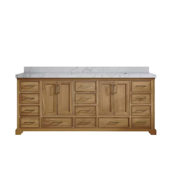 Willow Collections Charlotte Teak 84 in. W x 22 in. D x 36 in. H Double Sink Bath Vanity in Premium Polish with 2 in. Venatino Qt. Top