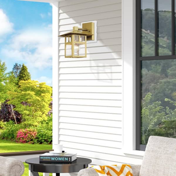 Crestlake 9.5 in. 1-Light Satin Gold Outdoor Hardwired Wall Lantern Sconce with No Bulbs Included