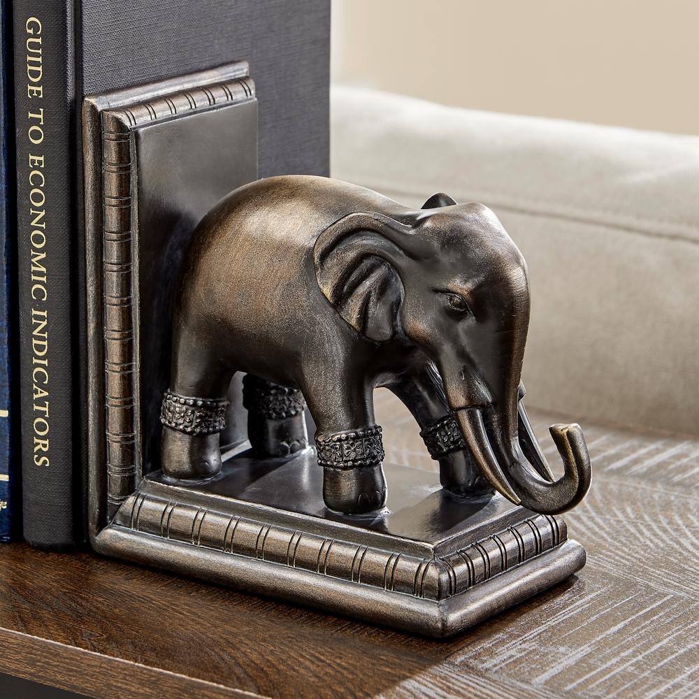 Bronze Patina Elephant Bookends Set with Ornate Design