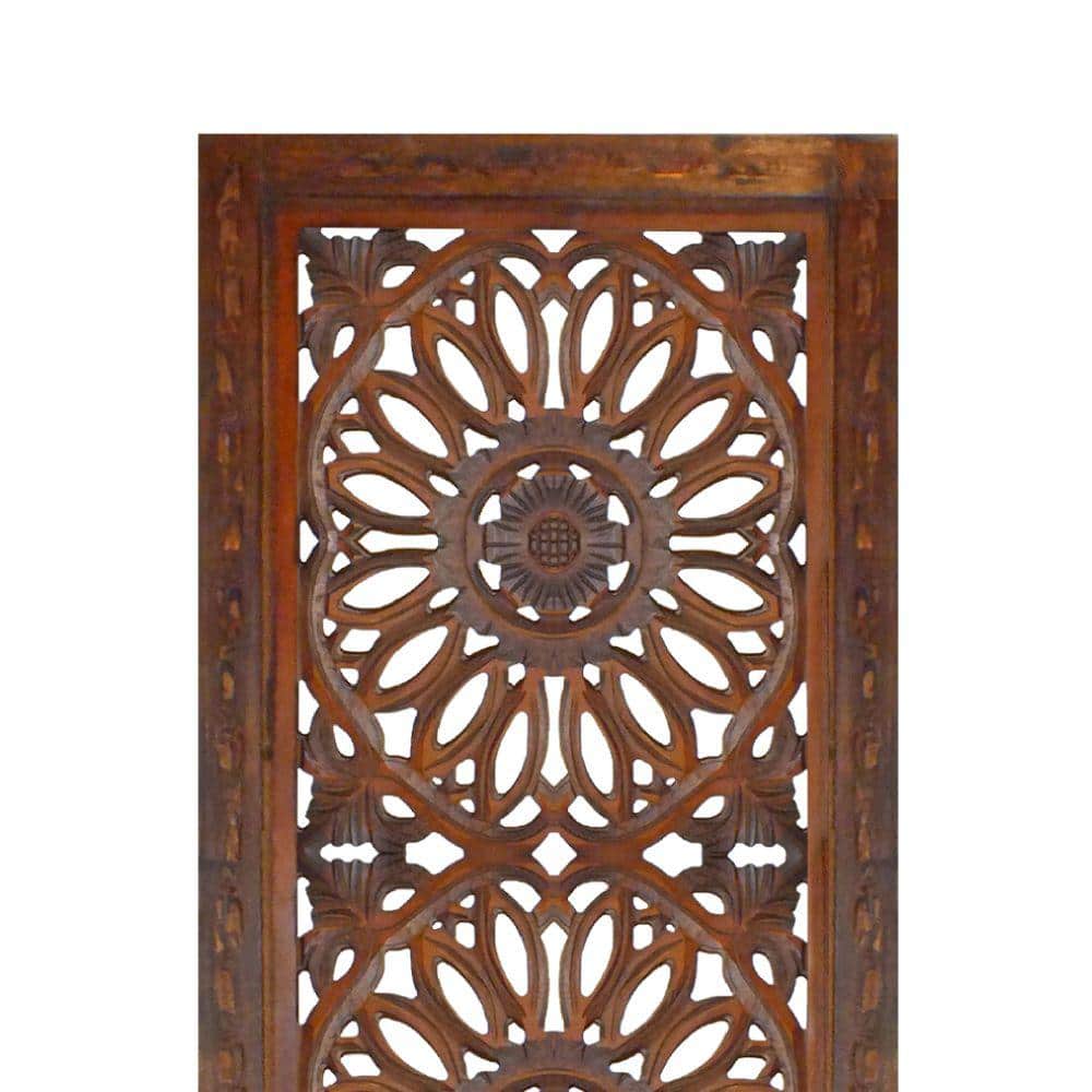 Burnt Brown Mango Wood Wall Panels with Medallion Carving, 16" x 48"
