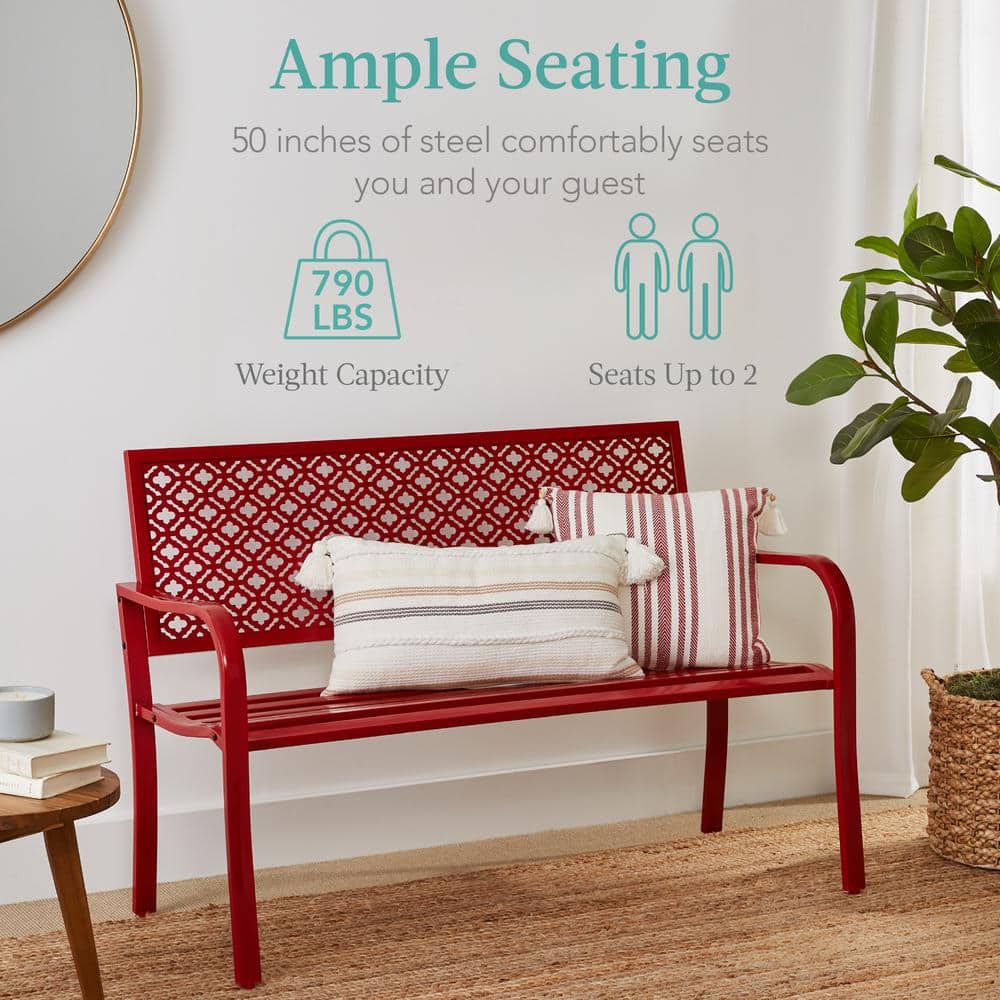Rose Red Steel Outdoor Bench with Geometric Backrest