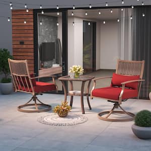 3 Pieces Swivel Rocker Outdoor Chairs Set, Patio Dining Chairs with Red Thickened Cushions&Glass Top Table