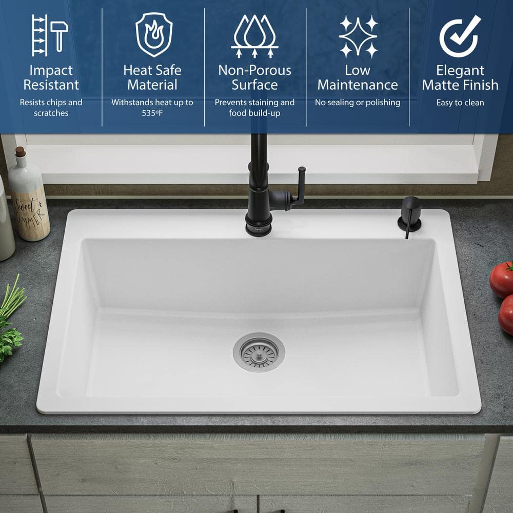 White Quartz 33'' Single Bowl Drop-In Kitchen Sink