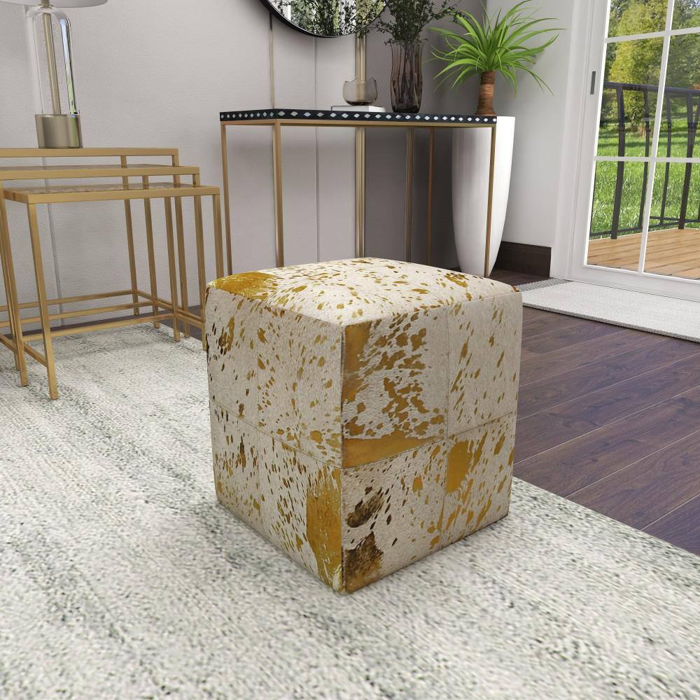 Gold and Beige Leather Box Pouf Stool