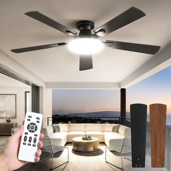 52 in Black Indoor/Outdoor Ceiling Fans with LED Lights Remote/APP Reversible DC motor 3CCT Flush Mount for Bedroom
