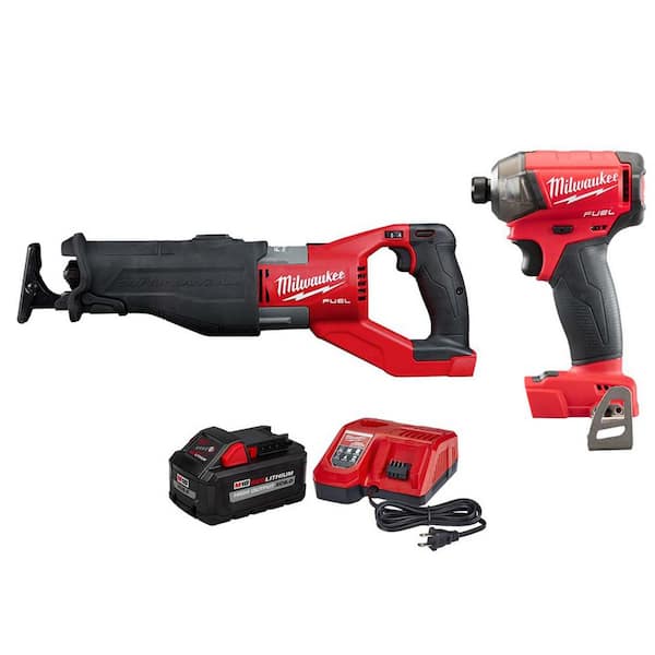 Milwaukee M18 FUEL 18V Lithium-Ion Brushless Cordless Super Sawzall Reciprocating Saw W/Impact Driver and 8.0Ah Starter Kit
