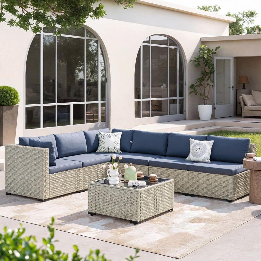 7-Piece Patio Furniture Set With Comfortable Navy Cushions And Glass Table price history on PriceWatchPro