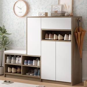 43.4 in. H x 55.1 in. W White Particle Board 2-in-1 Shoe Storage Cabinet with Padded Bench and Adjustable Shelves
