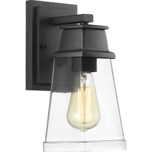 Greene Ridge Collection 1-Light Textured Black Clear Seeded Glass Craftsman Outdoor Small Wall Lantern Light
