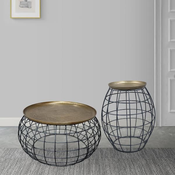 THE URBAN PORT 31 in. Brass and Black Round Iron Metal Coffee Table and End Table Set with Curved Cage Design (2-Piece)