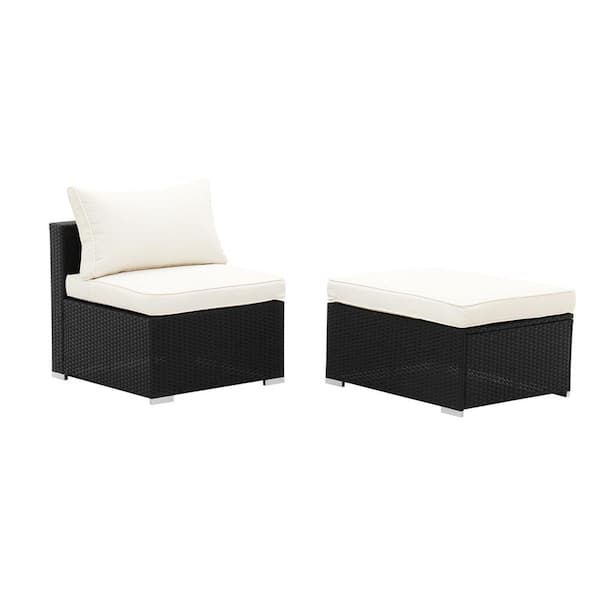 OVASTLKUY 2-Piece Wicker Rattan Sofa Conversation Seat with White Cushion