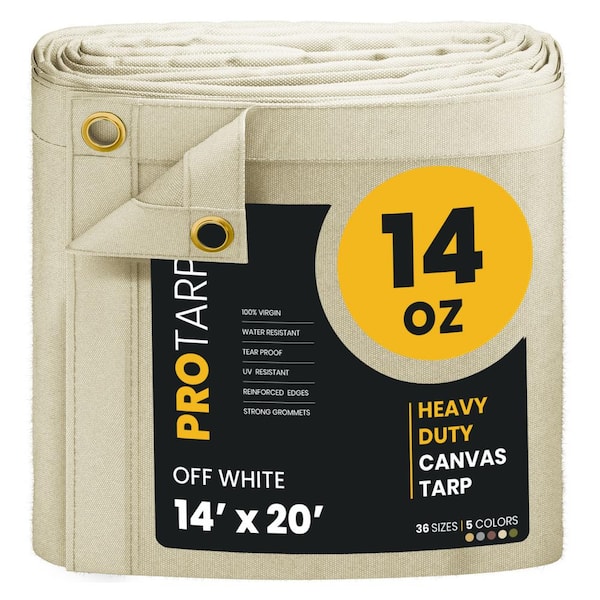 PROTARP Heavy Duty 14 OZ Water Resistant Canvas Tarp, UV Resistant Tarpaulin Cover Off White 14X20