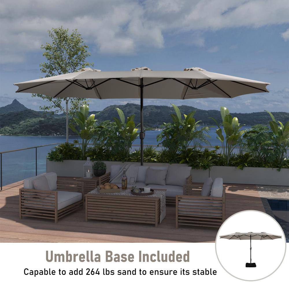 Beige 15-ft Steel Double-Sided Patio Umbrella with Base