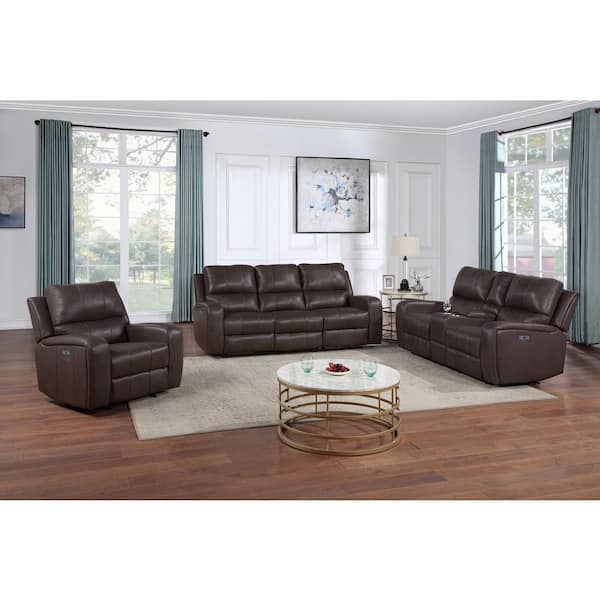 New Classic Furniture Linton 3-piece Brown Leather Power Footrest Living Room Set