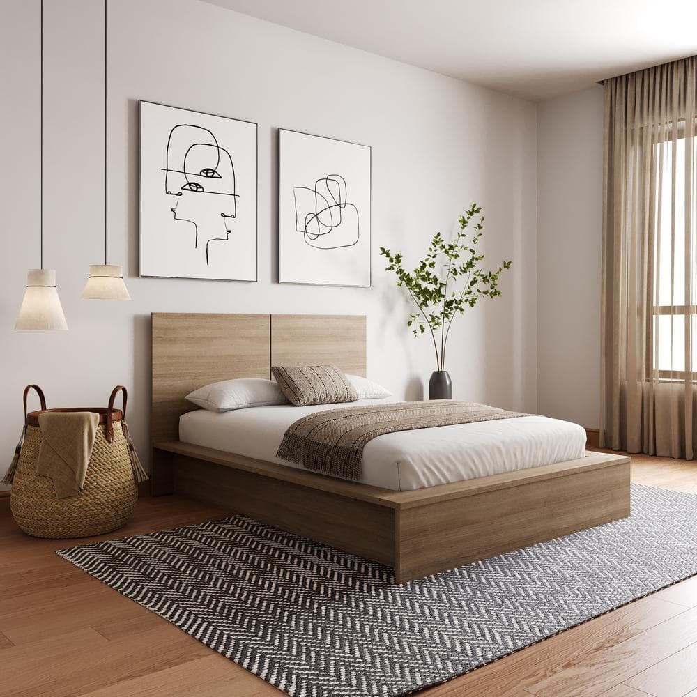 Light Brown Oak Full Platform Bed with Headboard
