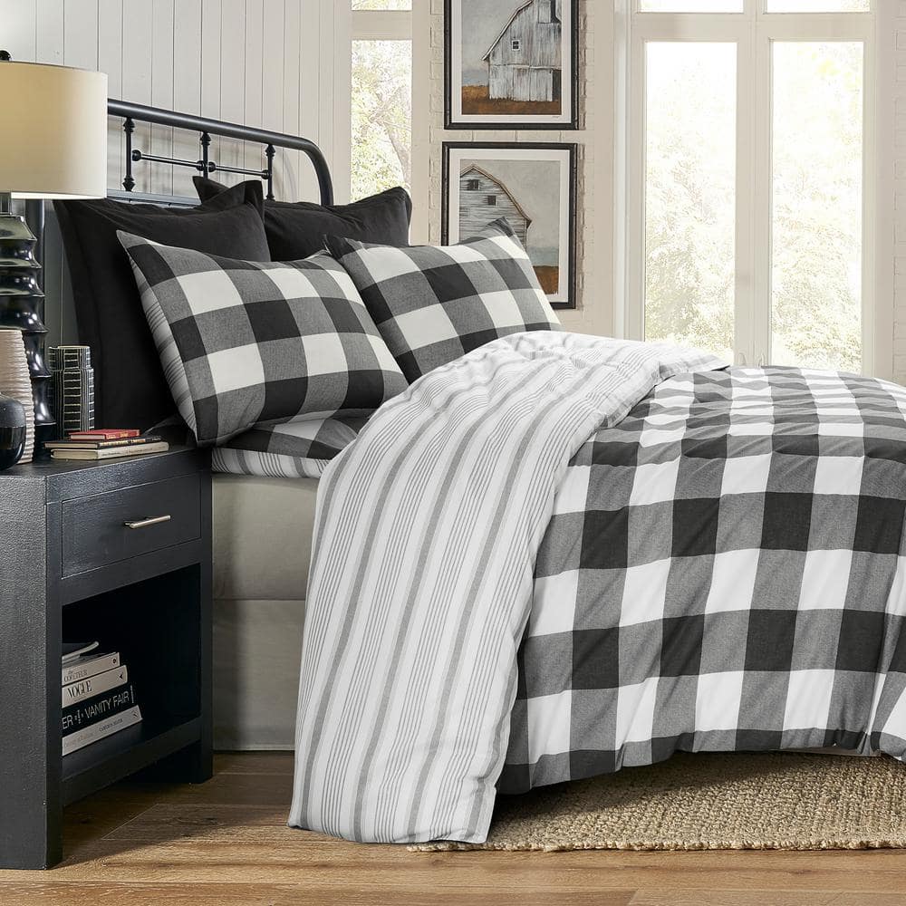 Camden Black and Cream Cotton Full/Queen Duvet Cover Set