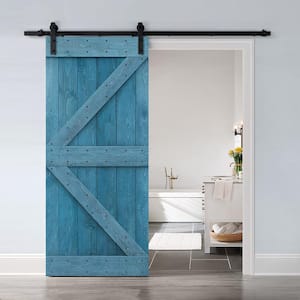 K Series 30 in. x 84 in. Solid Ocean Blue Stained DIY Pine Wood Interior Sliding Barn Door with Hardware Kit
