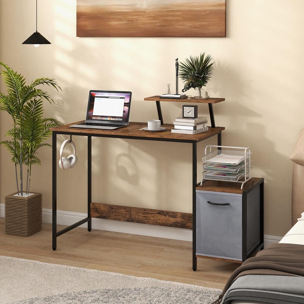 Gymax Rustic Brown and Black Computer Desk w/ Charging Station