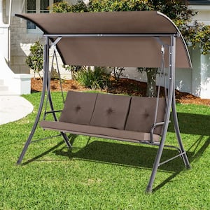 3-Person Metal Patio Swing with Adjustable Canopy Padded Cushions in Brown