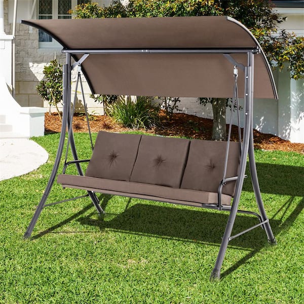 3-Person Metal Patio Swing with Adjustable Canopy Padded Cushions in Brown