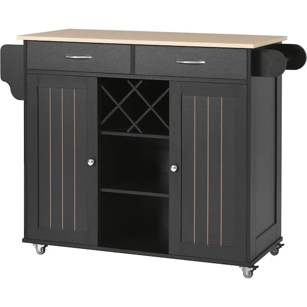 Black Kitchen Island Cart with 2 Storage Cabinets and Drawers, Wine ...