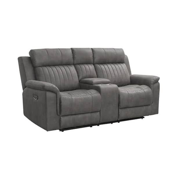 DEVON & CLAIRE Gally Fabric Gray Leather Power Console Loveseat Recliner with Power Headrests