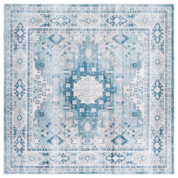 SAFAVIEH Arizona Sage/Aqua 6 ft. x 6 ft. Distressed Border Ornate Machine Washable Square Area Rug