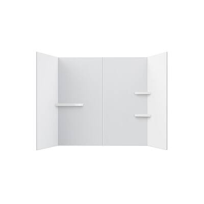 Flat 60 in. W x 60 in. H 4-Piece Glue Up Marble Alcove Tub Wall Surround in Matte White with Shelves