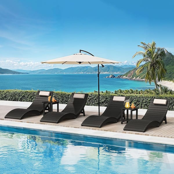 Black Folding 4-Piece HDPS Plastic Outdoor Chaise Lounge with Cushions Headrest for Pool Loungers Up to 11 in. Deep