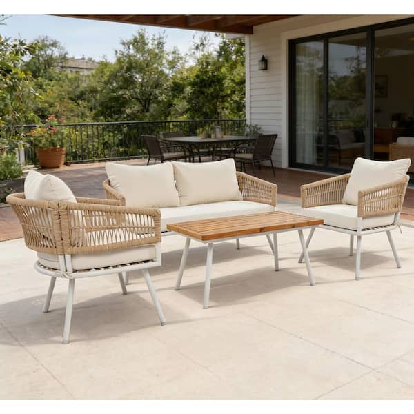 4-Piece Metal Frame Patio Conversation Set with Acacia Wood Top 4-Piece Metal Frame Patio Conversation Set with Acacia Wood Top
