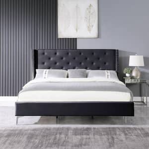 Black Velvet Bed Frame California King Platform Bed with Upholstered Headboard No Box Spring Needed