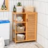 Costway 26 in. W x 13 in. D x 34.5 in. H Brown Wood Bathroom Storage Floor Linen Cabinet with Single Door and 3 Open Shelves JZ-10N013NA