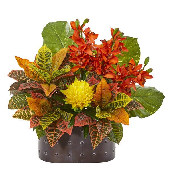 Nearly Natural 28 in. Cymbidium Orchid, Bromeliad, Croton and Pothos Artificial Plant