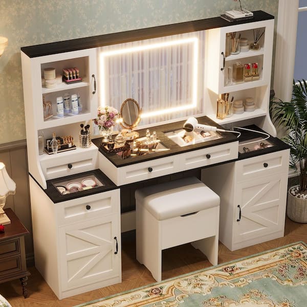 2-Piece White Makeup Vanity Set with Mirror, LED Lights, Drawers, Glass Visual Desktop and Cushion Stool
