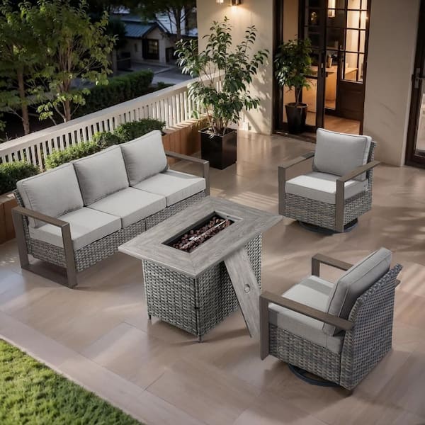 Cube Edge 4-Piece Gray Wicker Fire Pit Conversation Set with Olefin Gray Cushions and Couch/ Patio Swivel Chairs