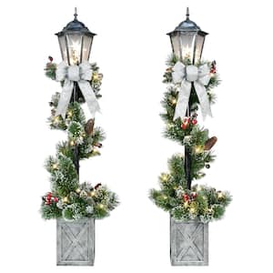 4 ft. Set of 2 Pre-Lit Artificial Christmas Tree Lamp Posts with Decorative Pot