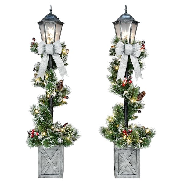 4 ft. Prelit Artificial Christmas Tree Lamp Posts with Decorative Pot (Set of 2)