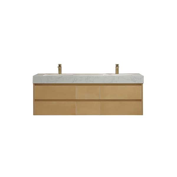 SUPREME WOOD Bailey 60 in.W x 20.7 in.D x 21.2 in.H Bathroom Vanity in Brown With Cultured Marble Top in White With Double White Sink