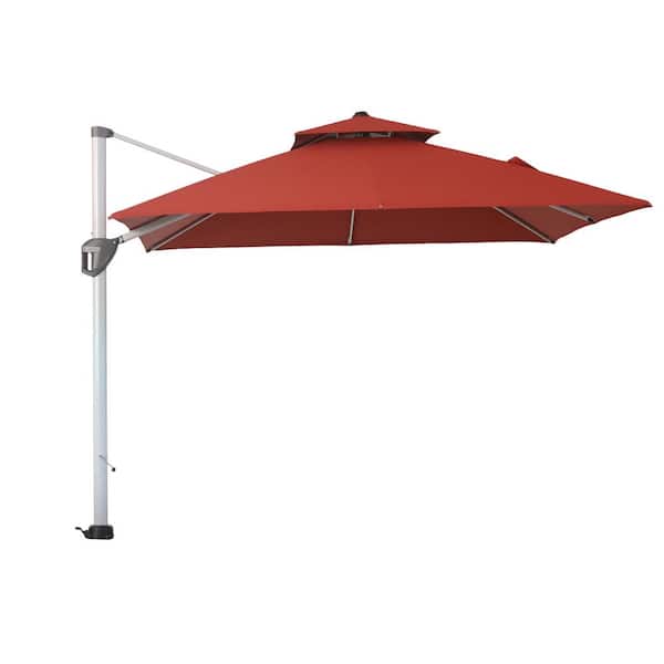 Clihome 10 ft. Outdoor Brick Red Patio Cantilever Square Umbrella with Protective Cover, 360 ° Rotating Foot Pedal